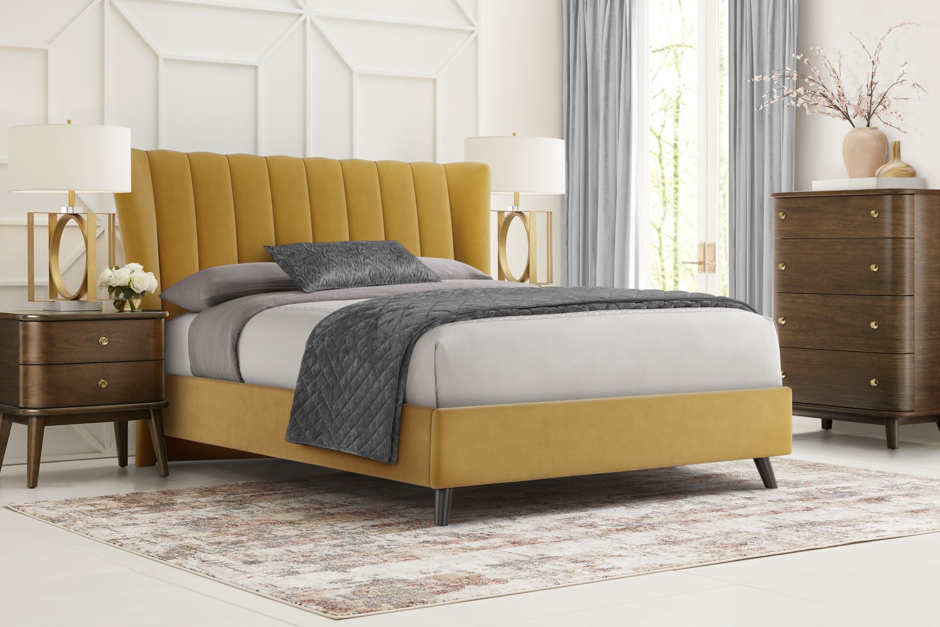 Devon Loft Walnut 5 Pc Bedroom with Nanton Park Yellow King Upholstered Bed - Image 1