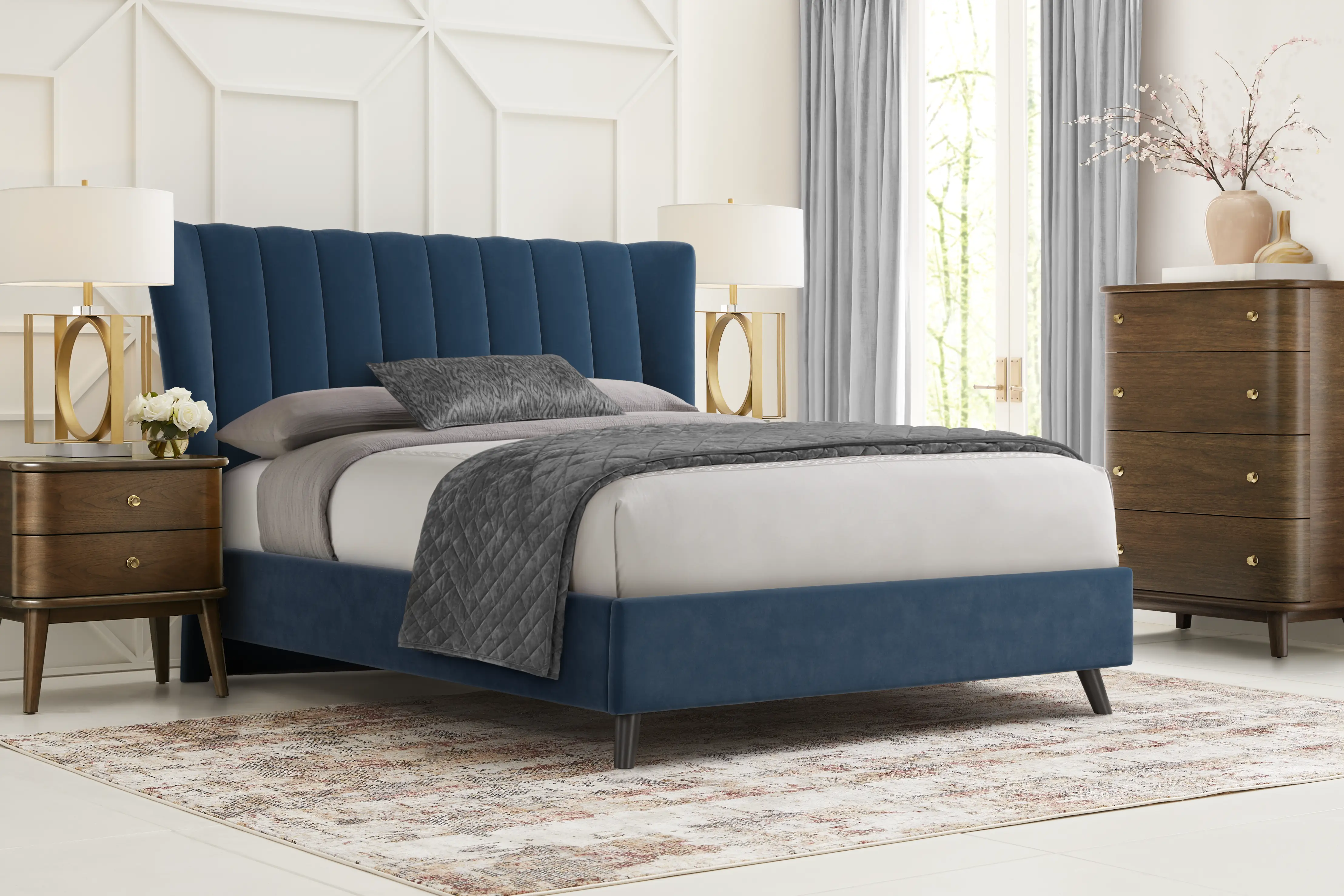 Devon Loft Walnut Finish 5 Pc Bedroom with Nanton Park Blue Queen Upholstered Bed - Thumbnail - Image 1