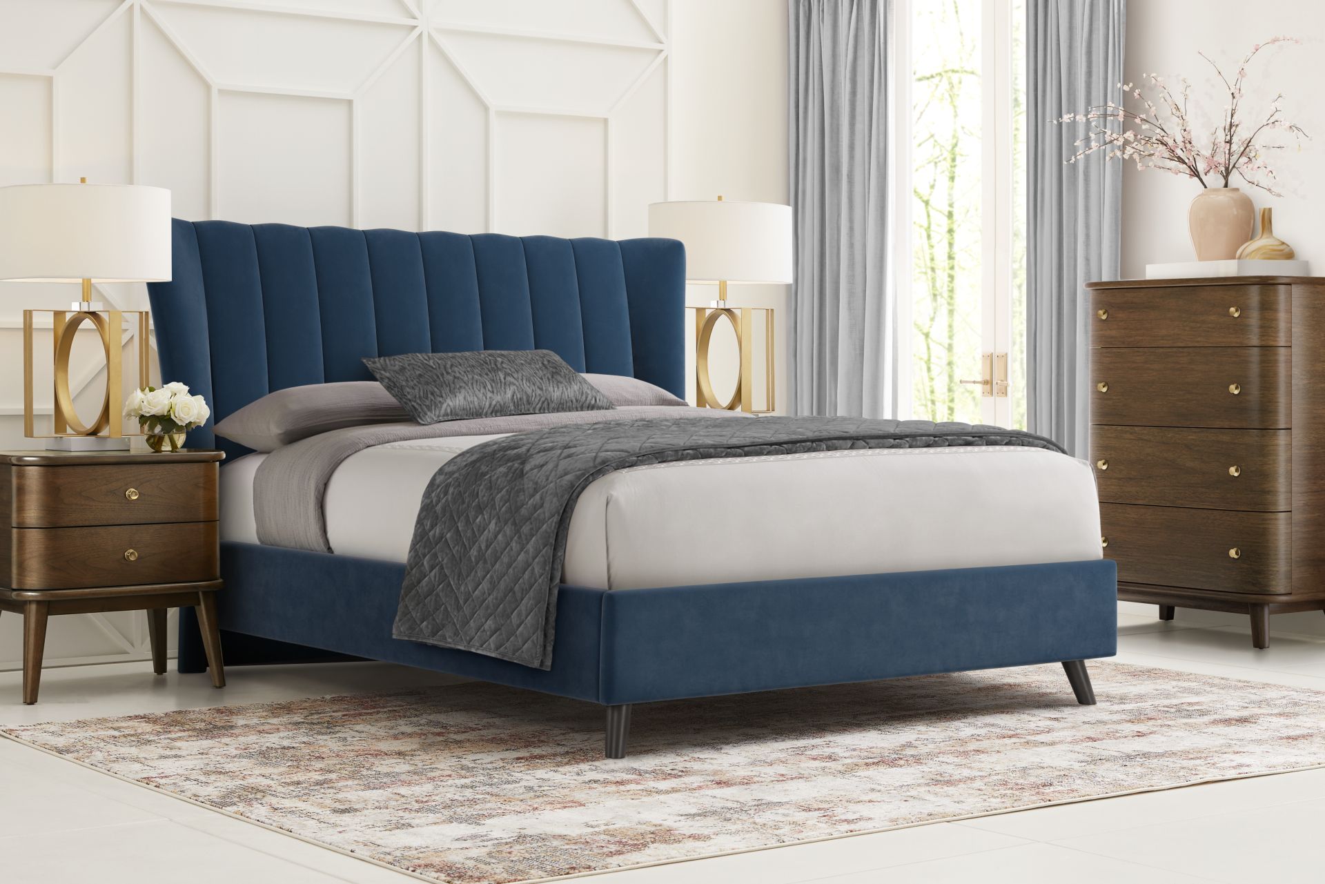 Devon Loft Walnut 5 Pc Bedroom with Nanton Park Blue Queen Upholstered Bed - Image 1