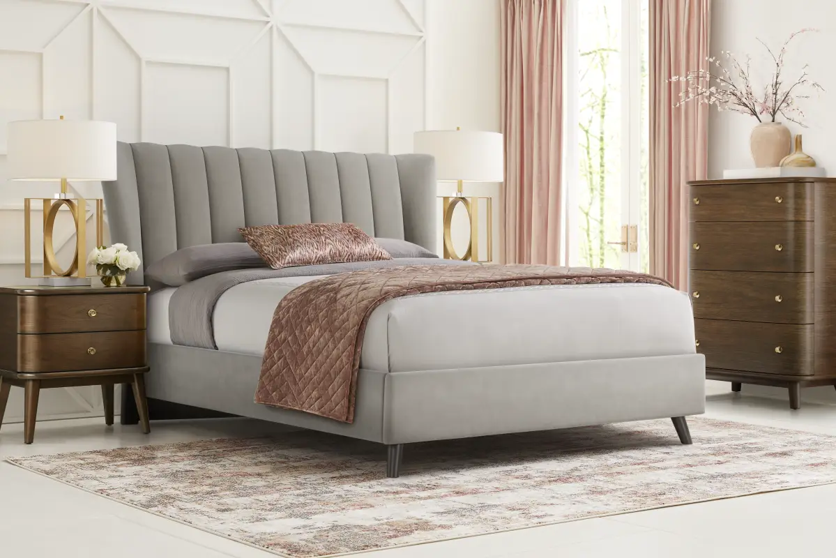 Devon Loft Walnut Finish 5 Pc Bedroom with Nanton Park Gray Queen Upholstered Bed