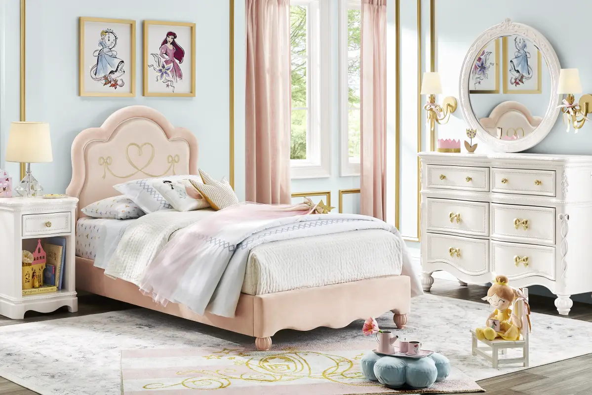 Disney Princess Sparkle White Bedroom with Pink Twin Upholstered Bed