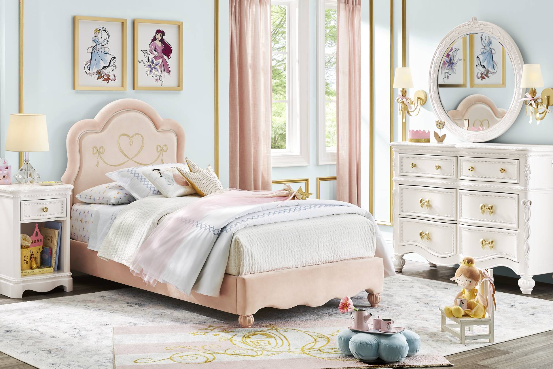 Disney Princess Sparkle White Bedroom with Pink Twin Upholstered Bed full room