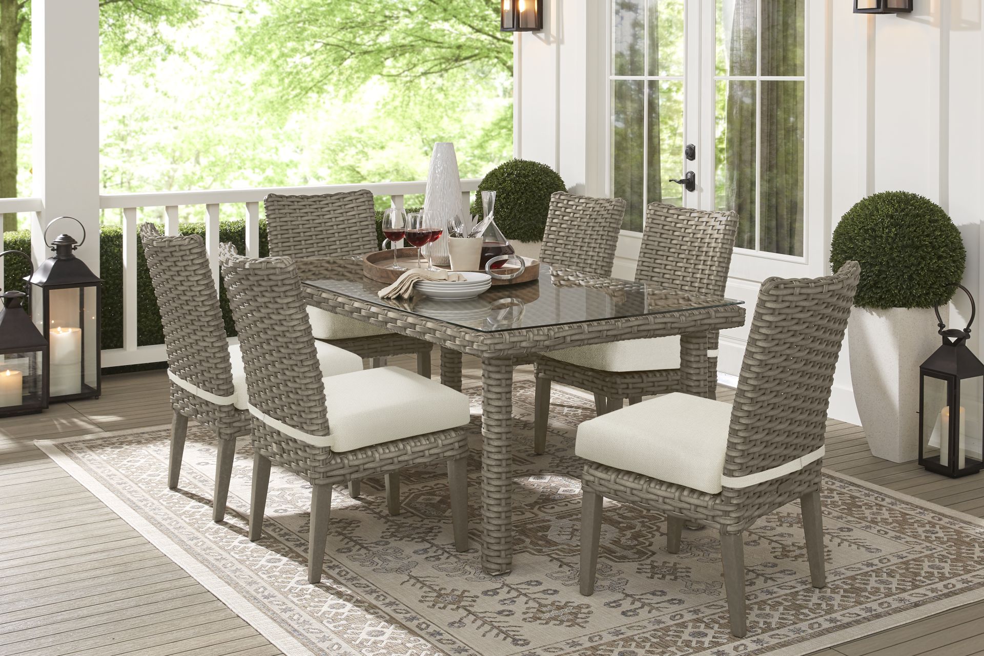 Siesta Key Driftwood 7 Pc Outdoor Dining Set with Desert Cushions - Image 1