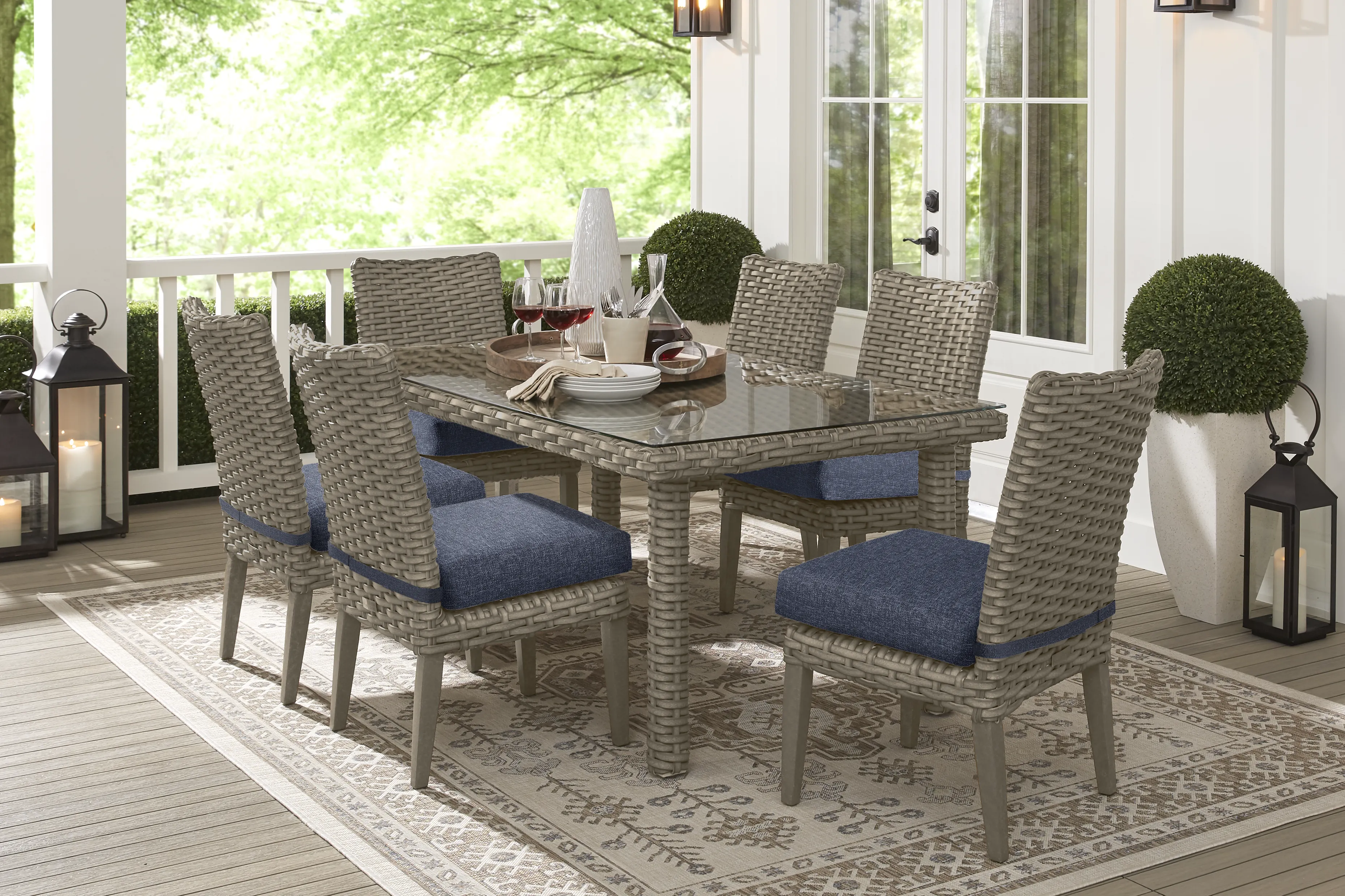Siesta Key Driftwood 7 Pc Outdoor Dining Set with Ink Cushions - Thumbnail - Image 1