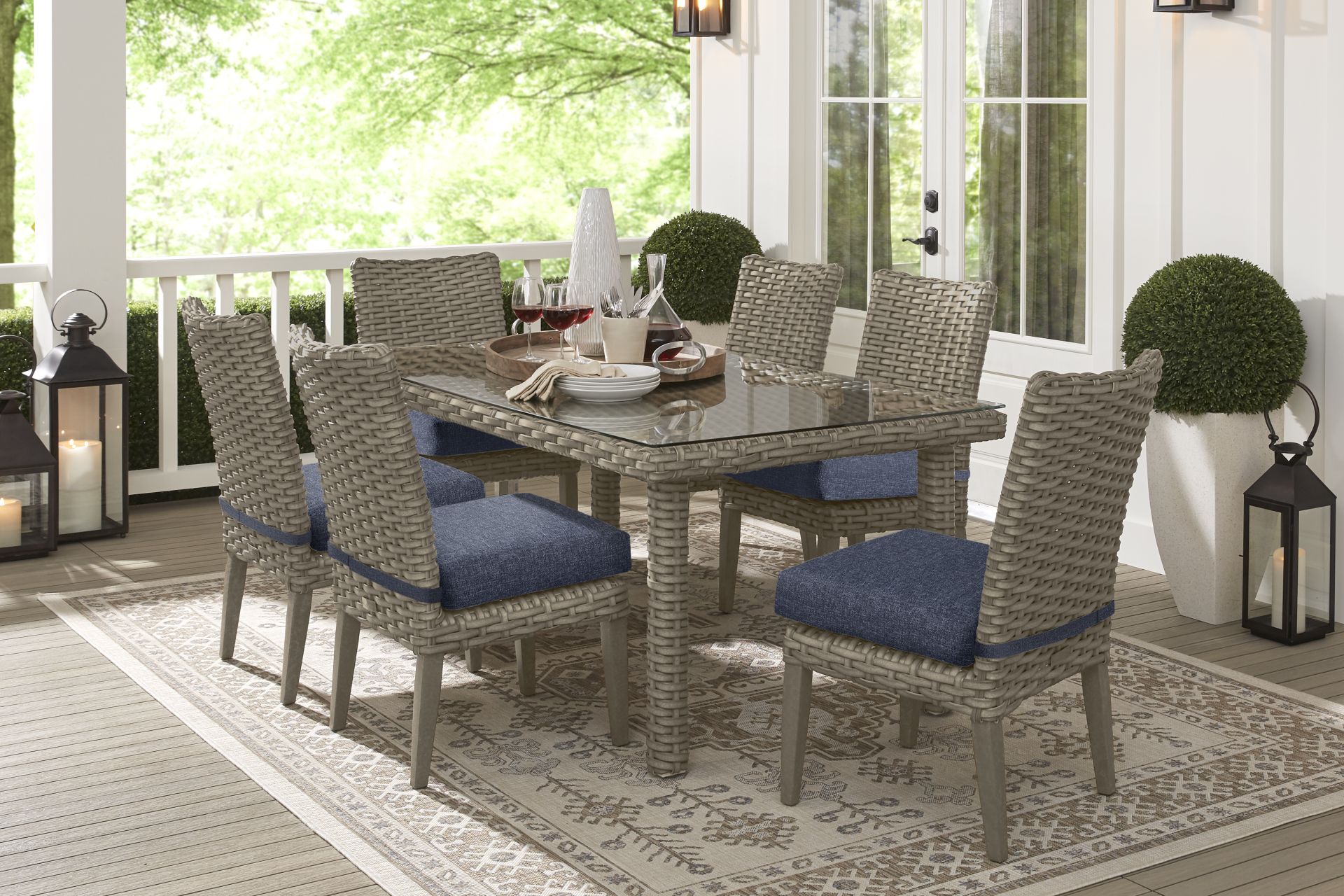 Siesta Key Driftwood 7 Pc Outdoor Dining Set with Ink Cushions - Image 1