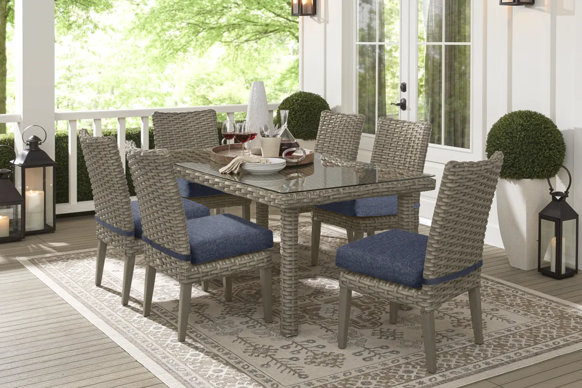 Siesta Key 7 Pc Driftwood Light Wood Ink Blue Wicker Outdoor Dining Set ...