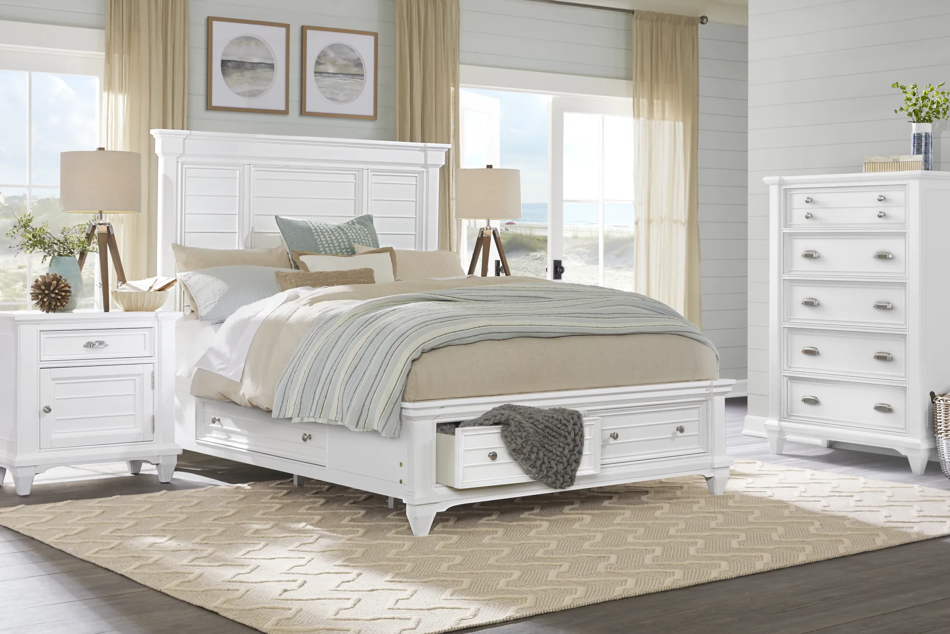 Hilton Head White 3 Pc King Panel Bed with Storage - Image 1