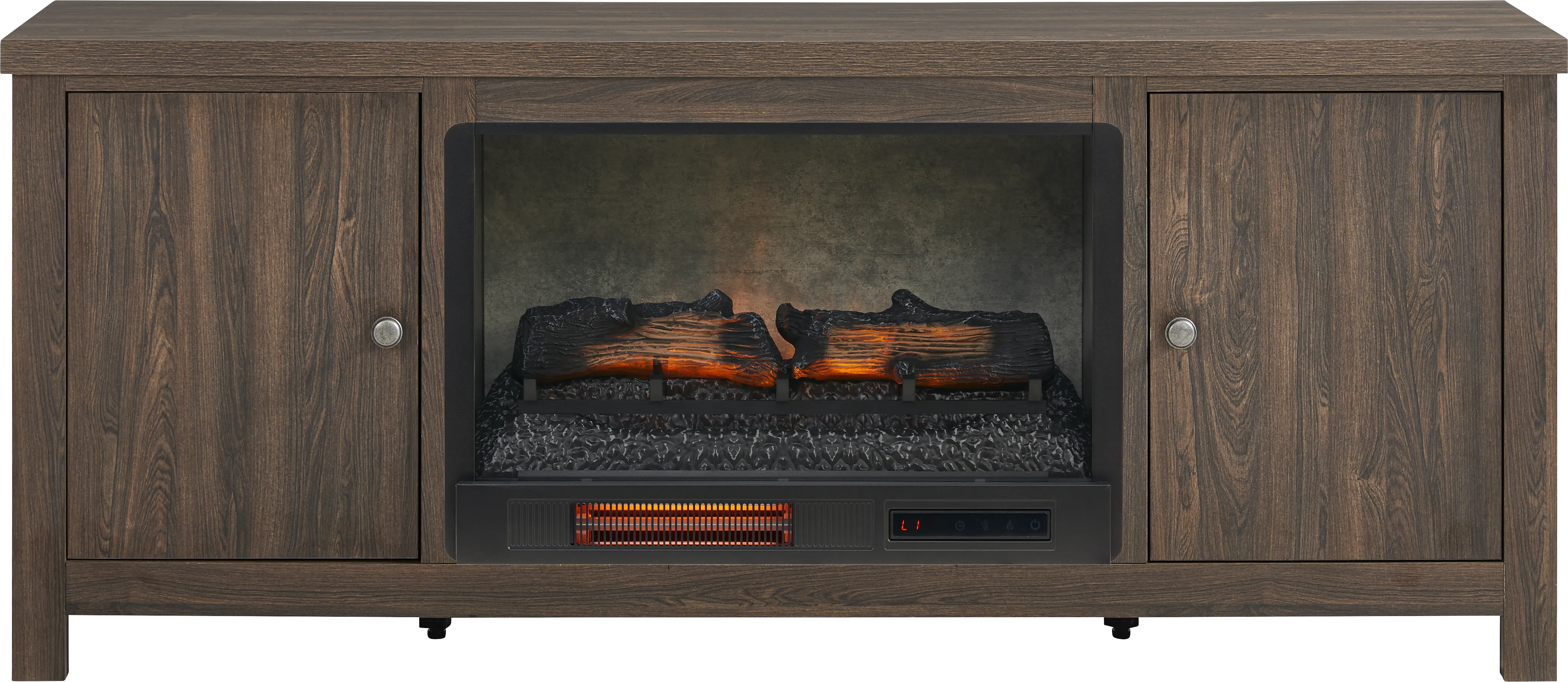 High Mountain Oak Finish 66 in. Console with Electric Log Fireplace - Thumbnail - Image 1