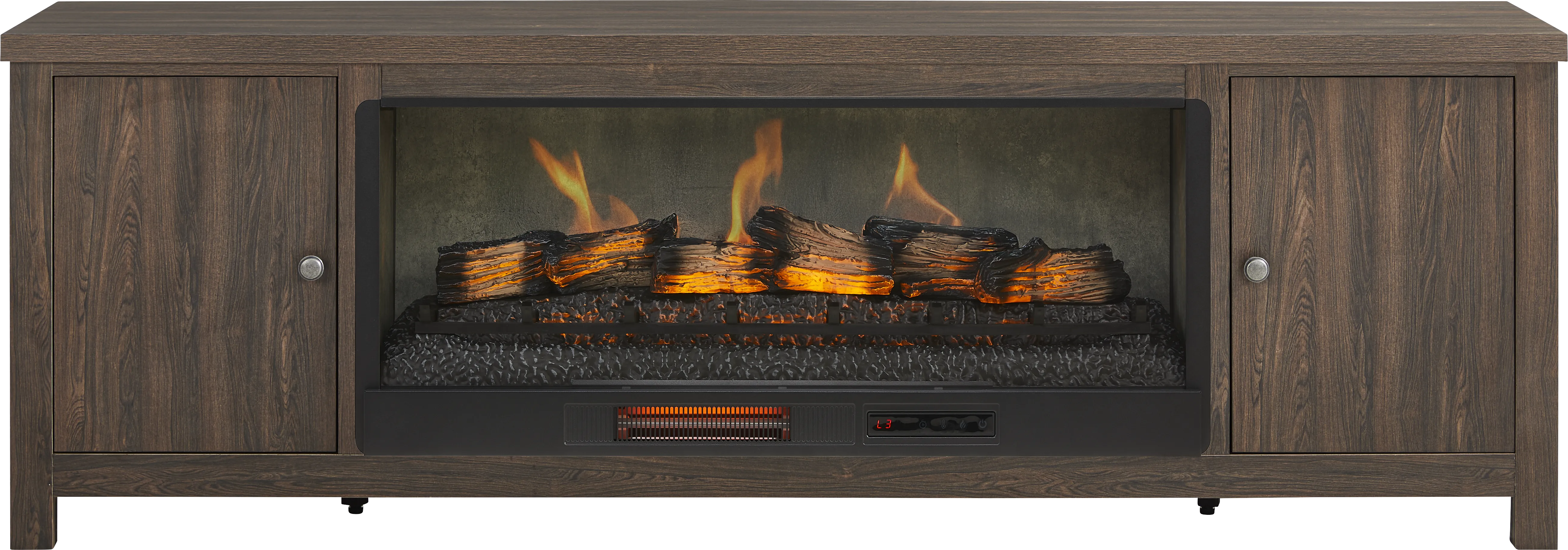 High Mountain Oak Finish 82 in. Console with Electric Log Fireplace - Thumbnail - Image 1