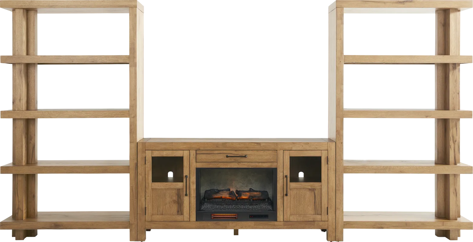 Edgewater Brown 4 Pc Wall Unit with 64 in. Console and Electric Log Fireplace
