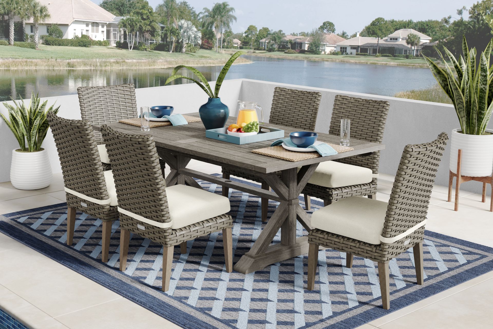 Siesta Key Gray 7 Pc Outdoor Dining Set with Desert Cushions - Image 1