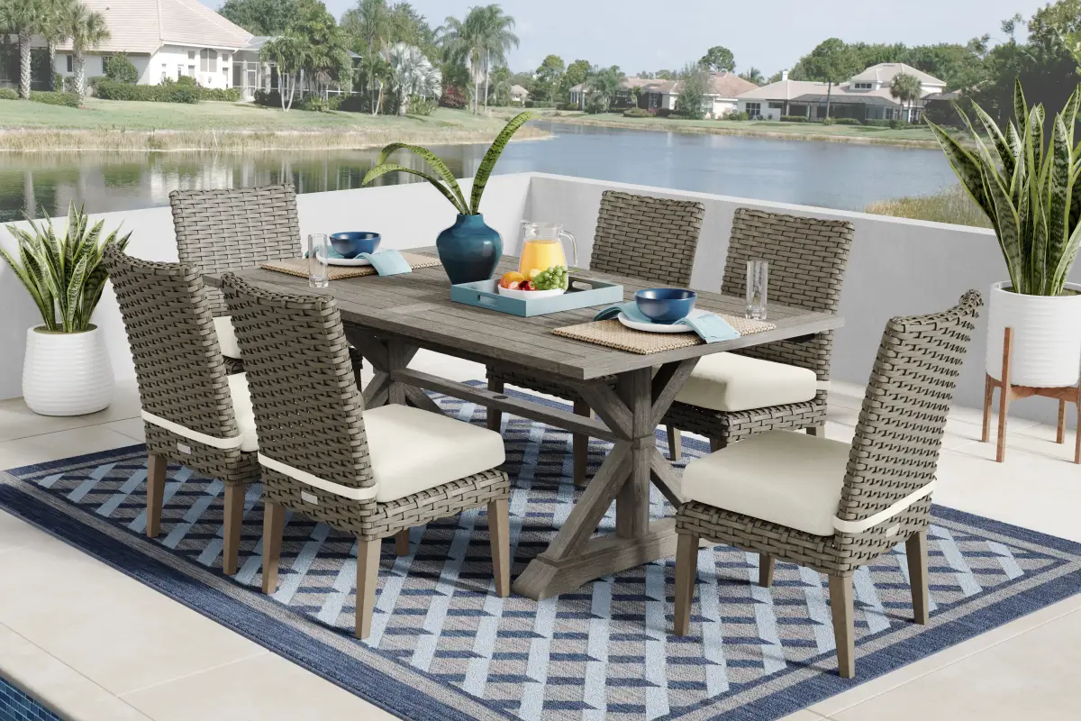 Siesta Key 7 Pc Gray Desert Yellow Wood Outdoor Dining Set With 76 In ...