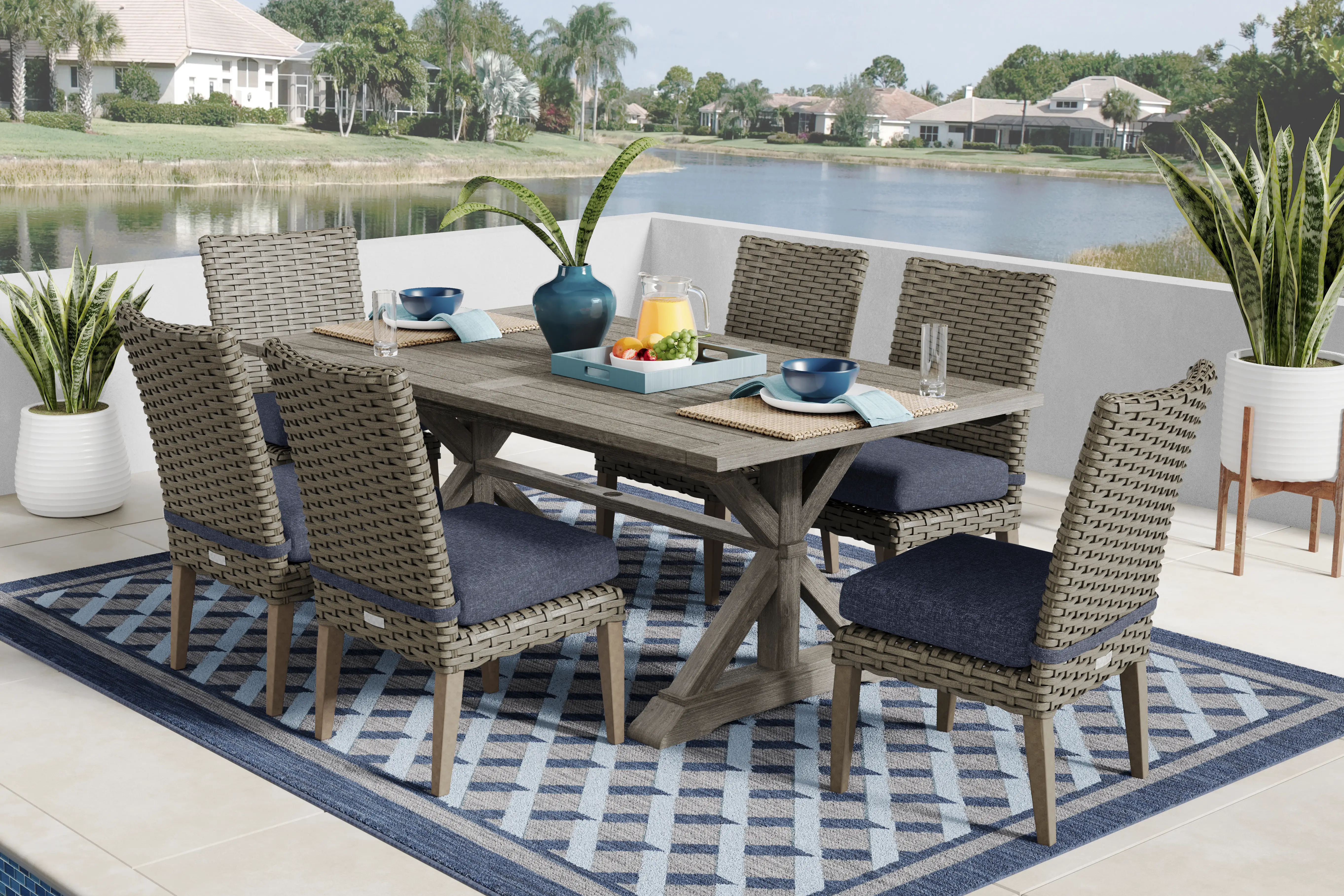 Siesta Key Gray 7 Pc Outdoor Dining Set with Ink Cushions - Thumbnail - Image 1