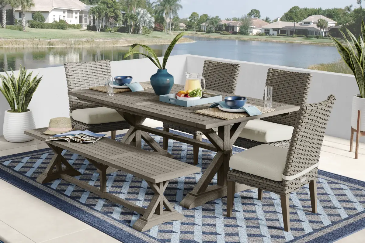 Siesta Key 6 Pc Gray Desert Yellow Wood Outdoor Dining Set With 76 In ...