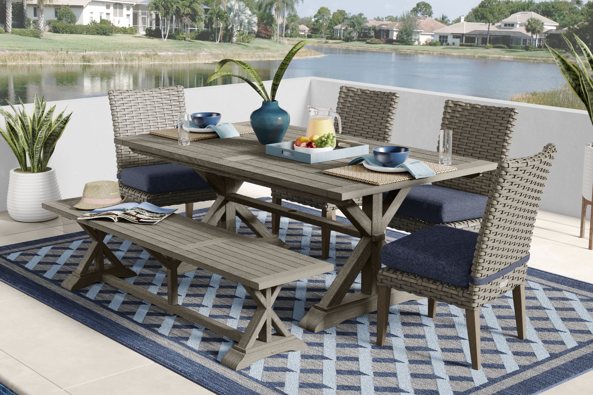 Siesta Key Gray 6 Pc Outdoor Dining Set with Ink Cushions and Bench - Image 1