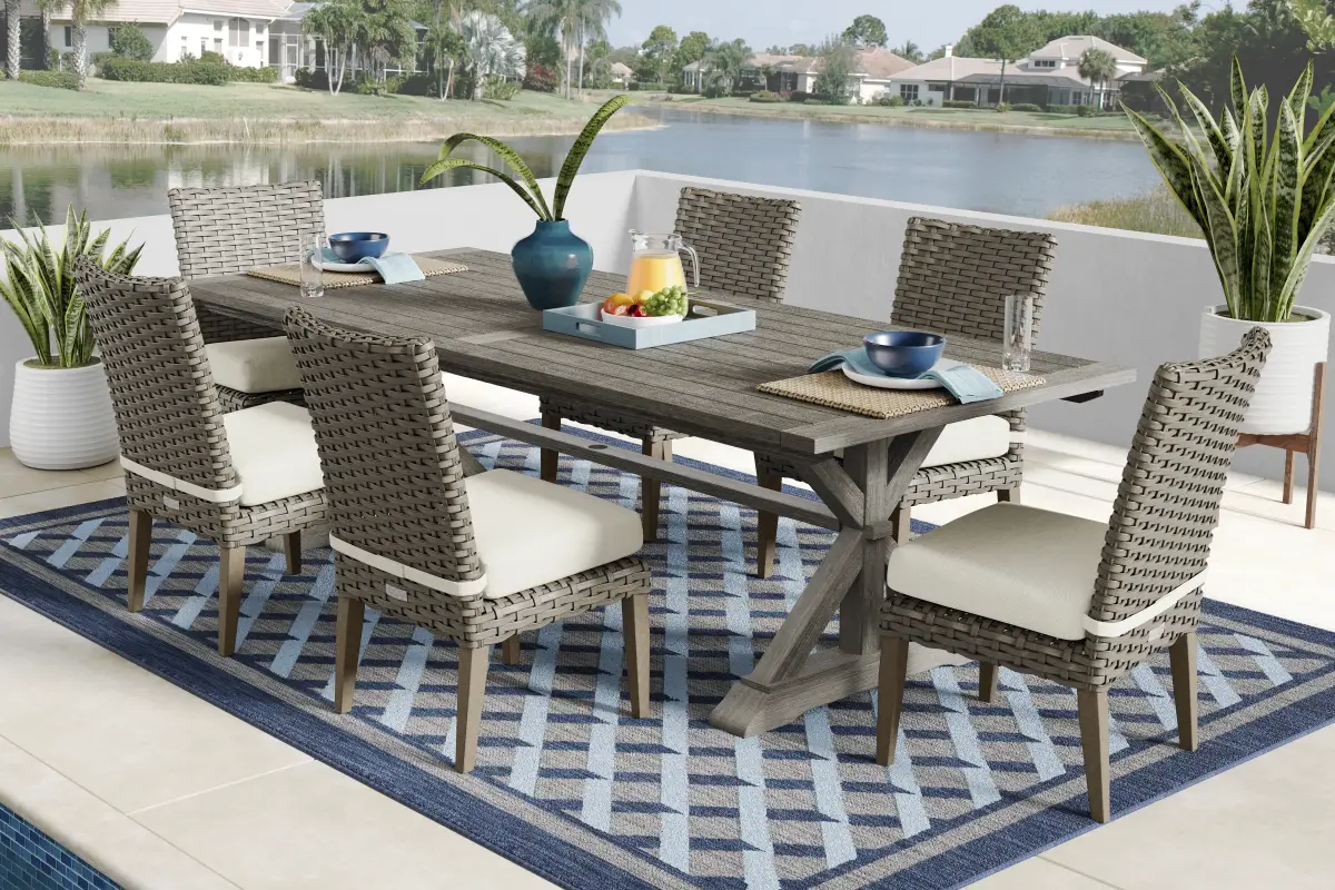 Siesta Key 7 Pc Gray Desert Yellow Wood Outdoor Dining Set With 102 In ...