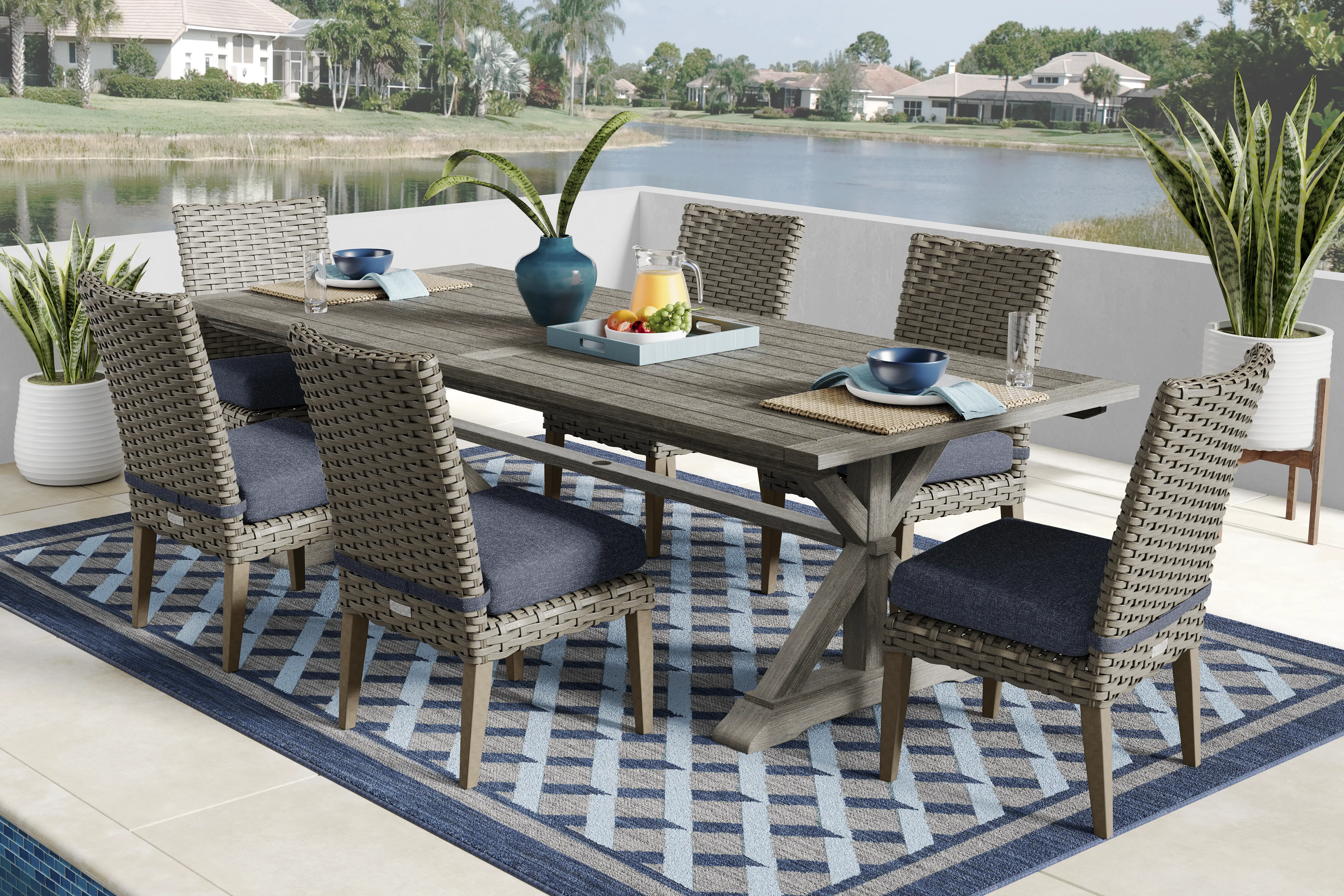 Siesta Key Gray 7 Pc Outdoor Dining Set with Ink Cushions - Thumbnail - Image 1