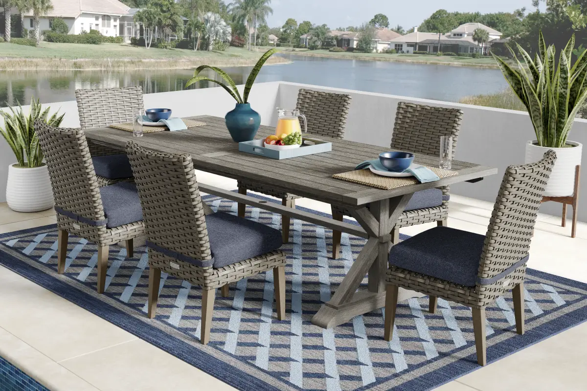 Siesta Key 7 Pc Gray Ink Blue Wood Outdoor Dining Set With 102 In ...