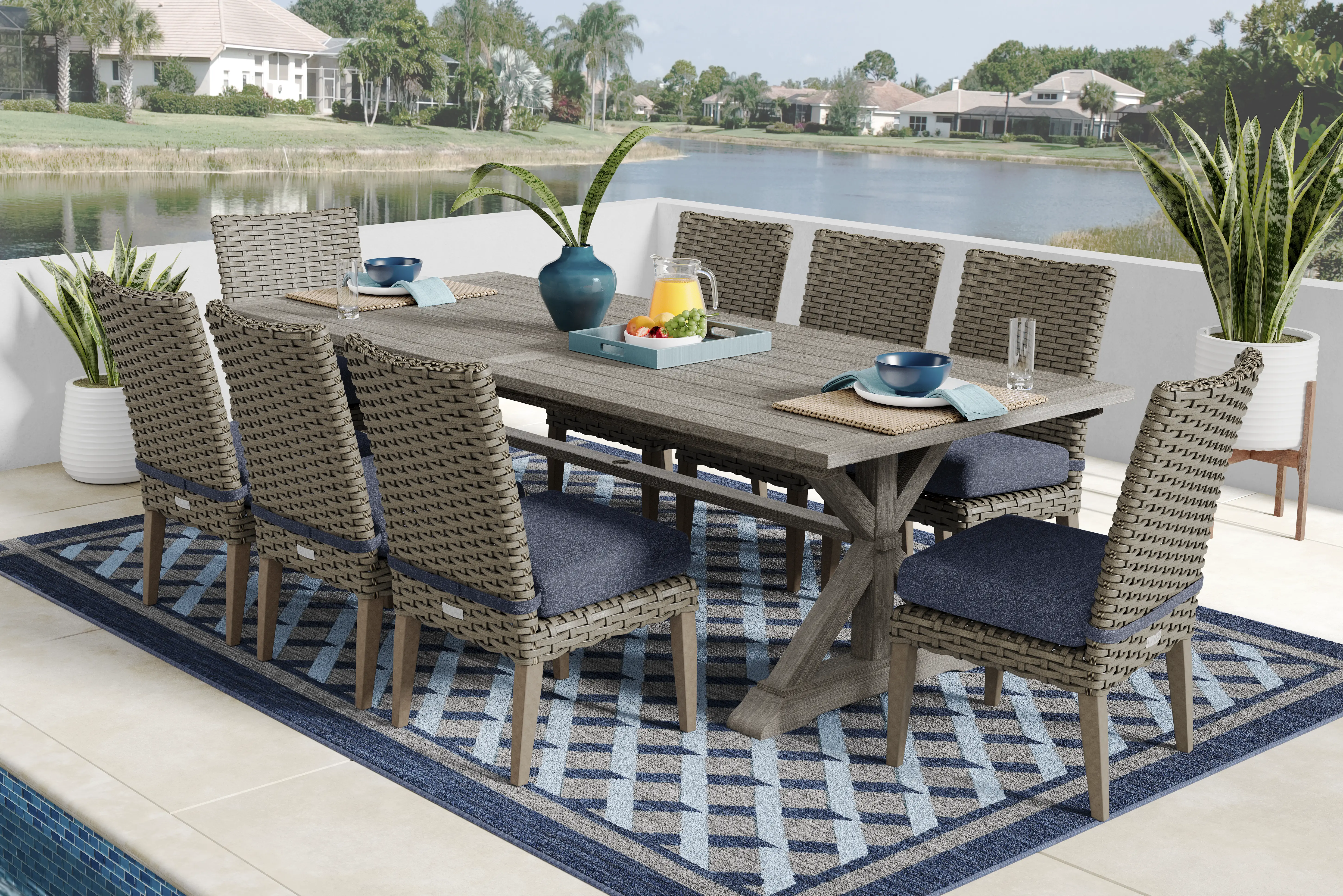 Siesta Key Gray 9 Pc Outdoor Dining Set with Ink Cushions - Thumbnail - Image 1