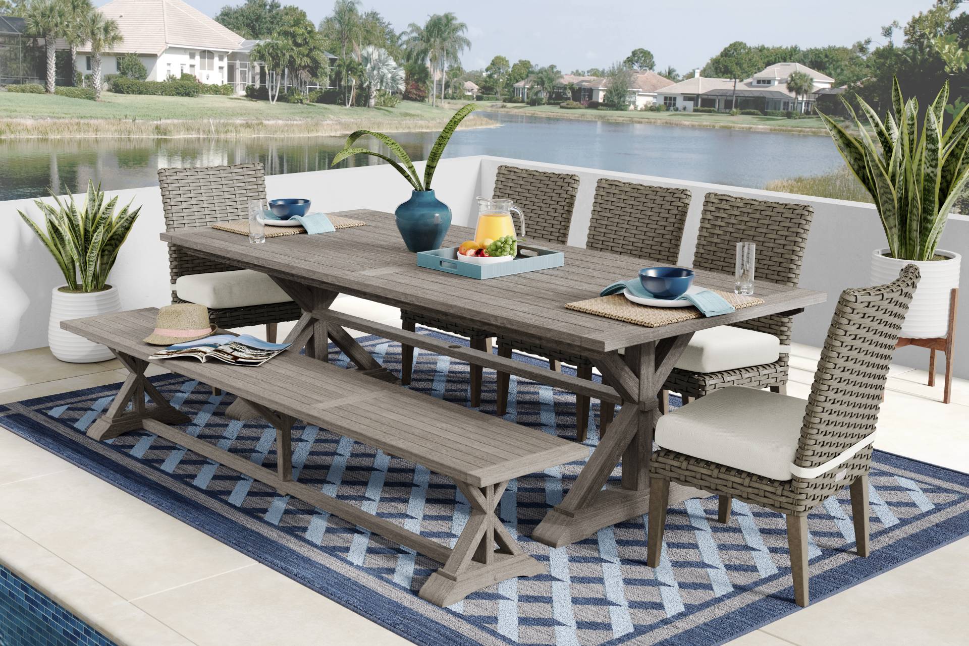 Siesta Key Gray 7 Pc Outdoor Dining Set with Desert Cushions and Bench full room