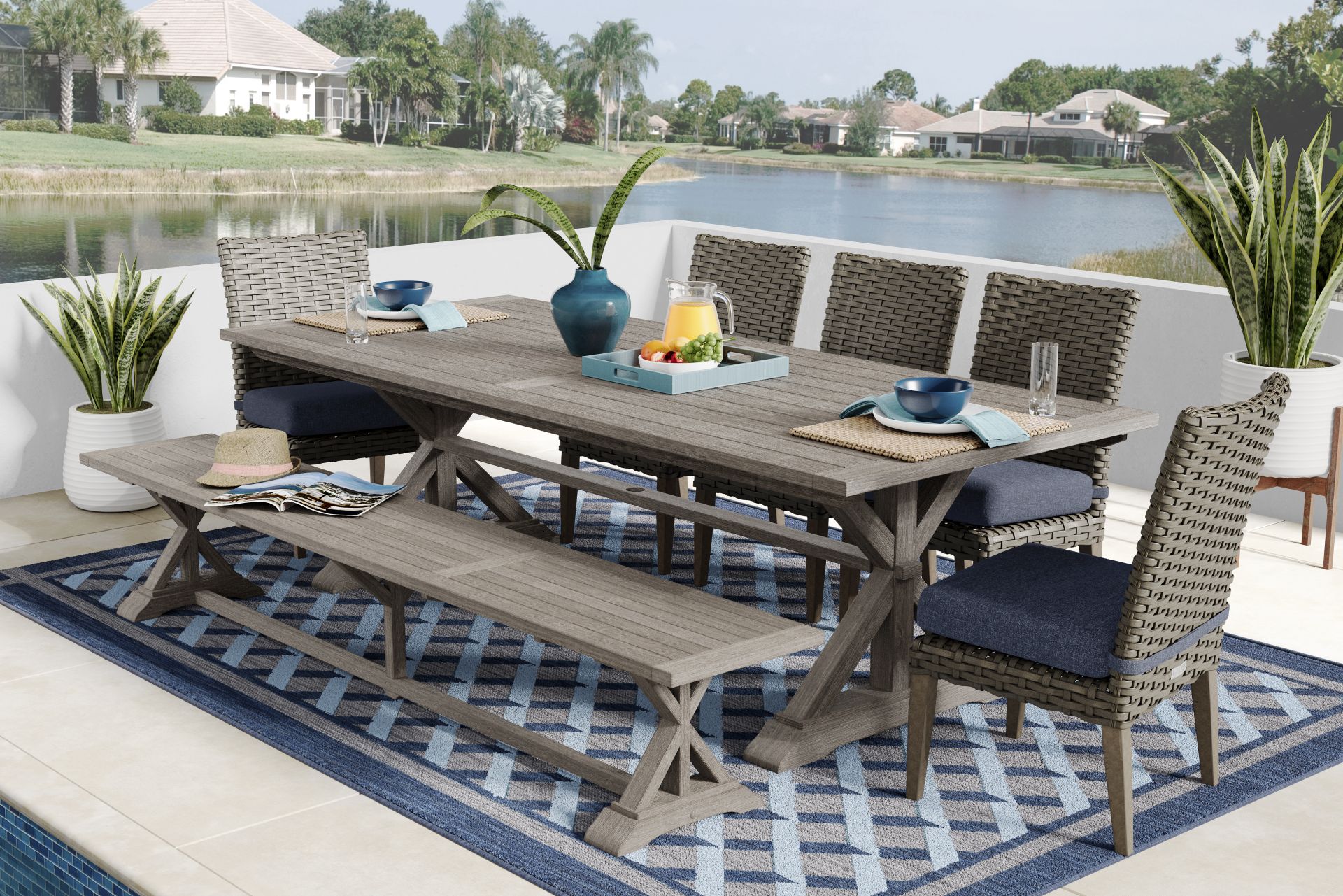 Siesta Key Gray 7 Pc Outdoor Dining Set with Ink Cushions and Bench - Image 1