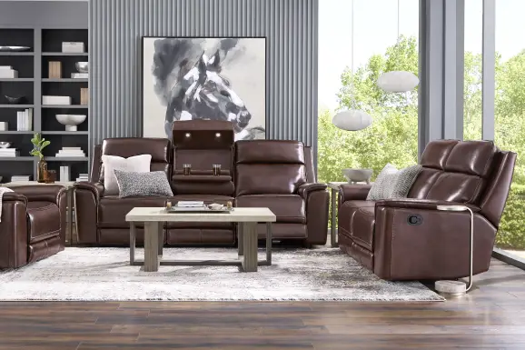 Magellan Merlot Leather 7 Pc Reclining Living Room with Dual Power Reclining Sofa