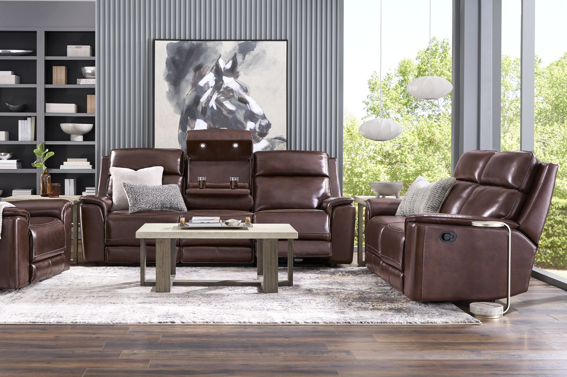 Magellan Merlot Leather 5 Pc Reclining Living Room with Dual Power Reclining Sofa - Image 1