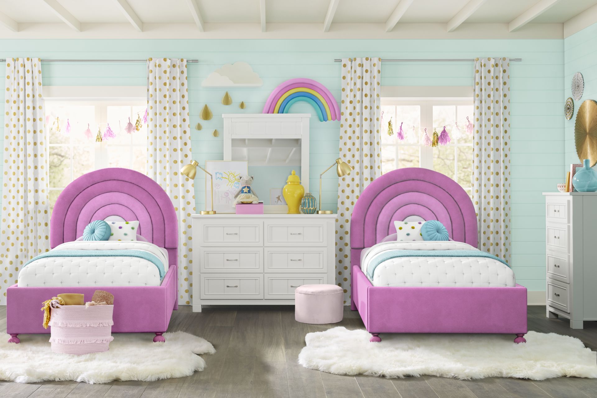 Kids Cottage Colors White Bedroom with Rainbow Joy Pink Twin Beds - Image 1