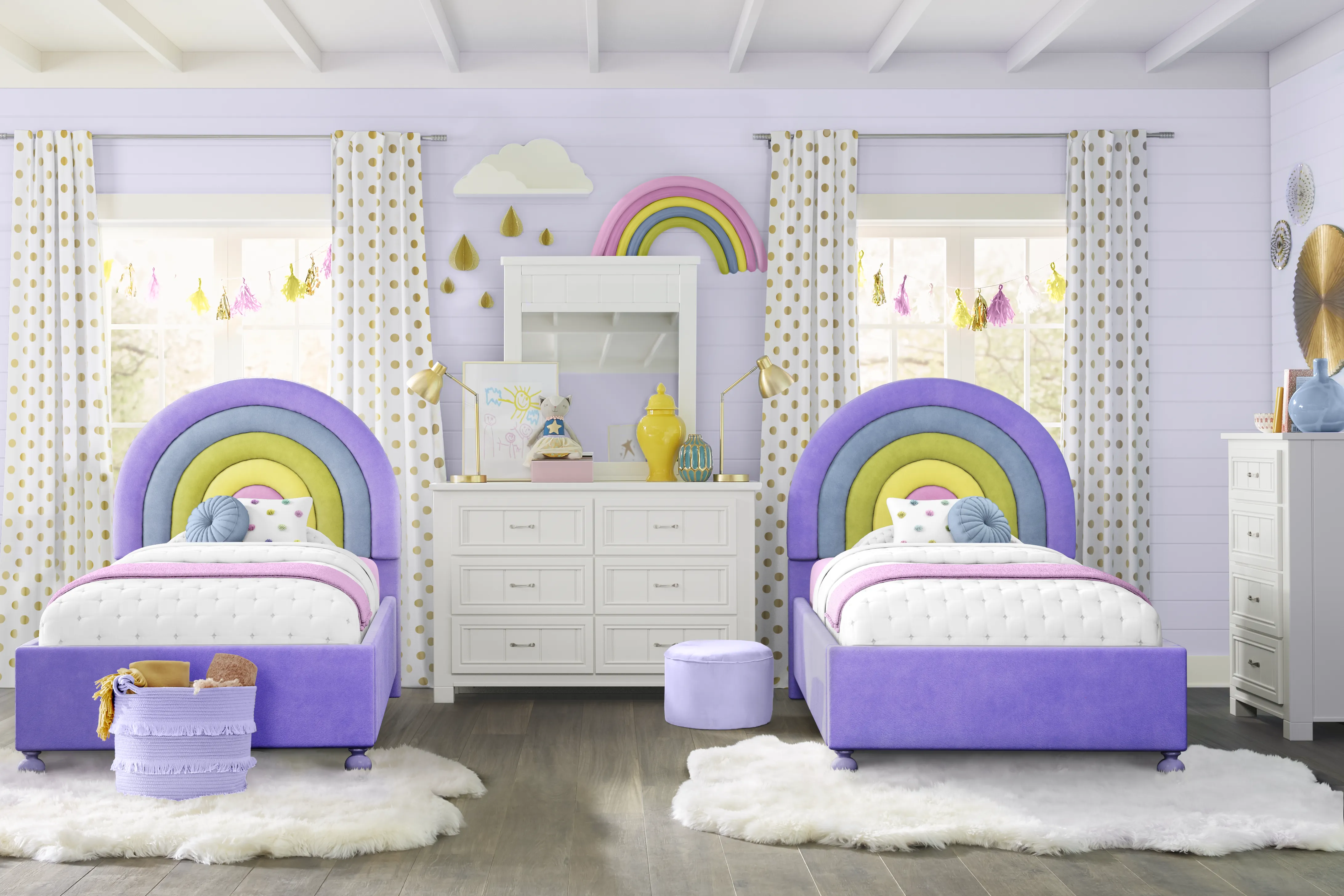 Kids Cottage Colors White Bedroom with Rainbow Joy Purple Twin Beds - Thumbnail - Image 1