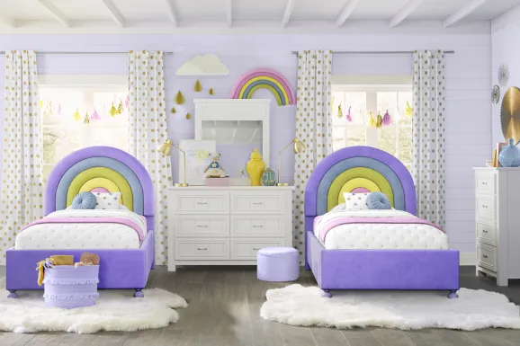 Kids Cottage Colors White Bedroom with Rainbow Joy Purple Twin Beds