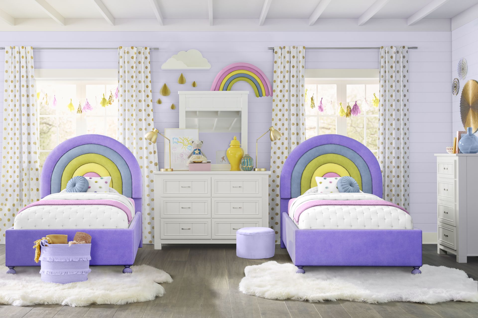 Kids Cottage Colors White Bedroom with Rainbow Joy Purple Twin Beds - Image 1