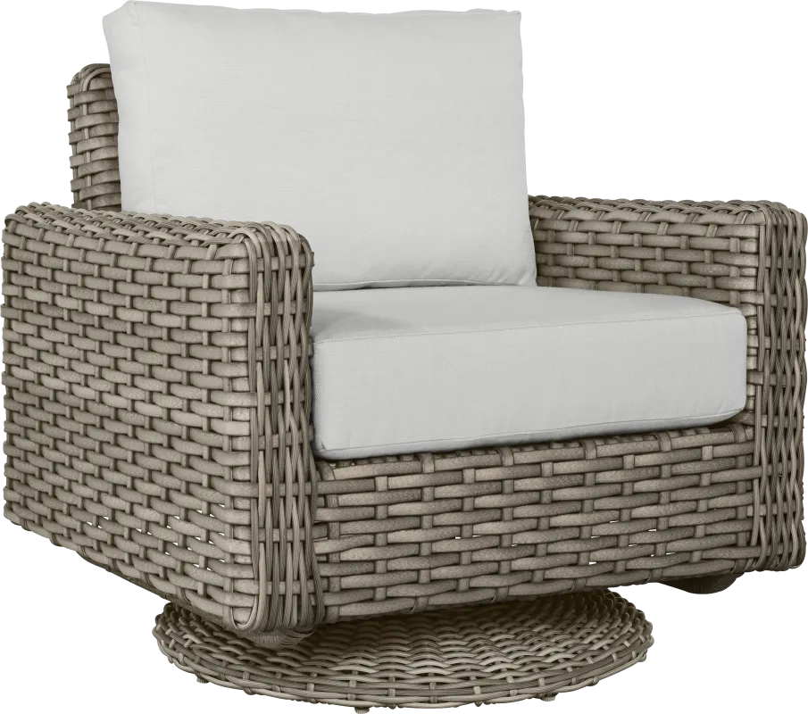 Siesta Key Driftwood Finish Outdoor Swivel Chair with Dove Cushions