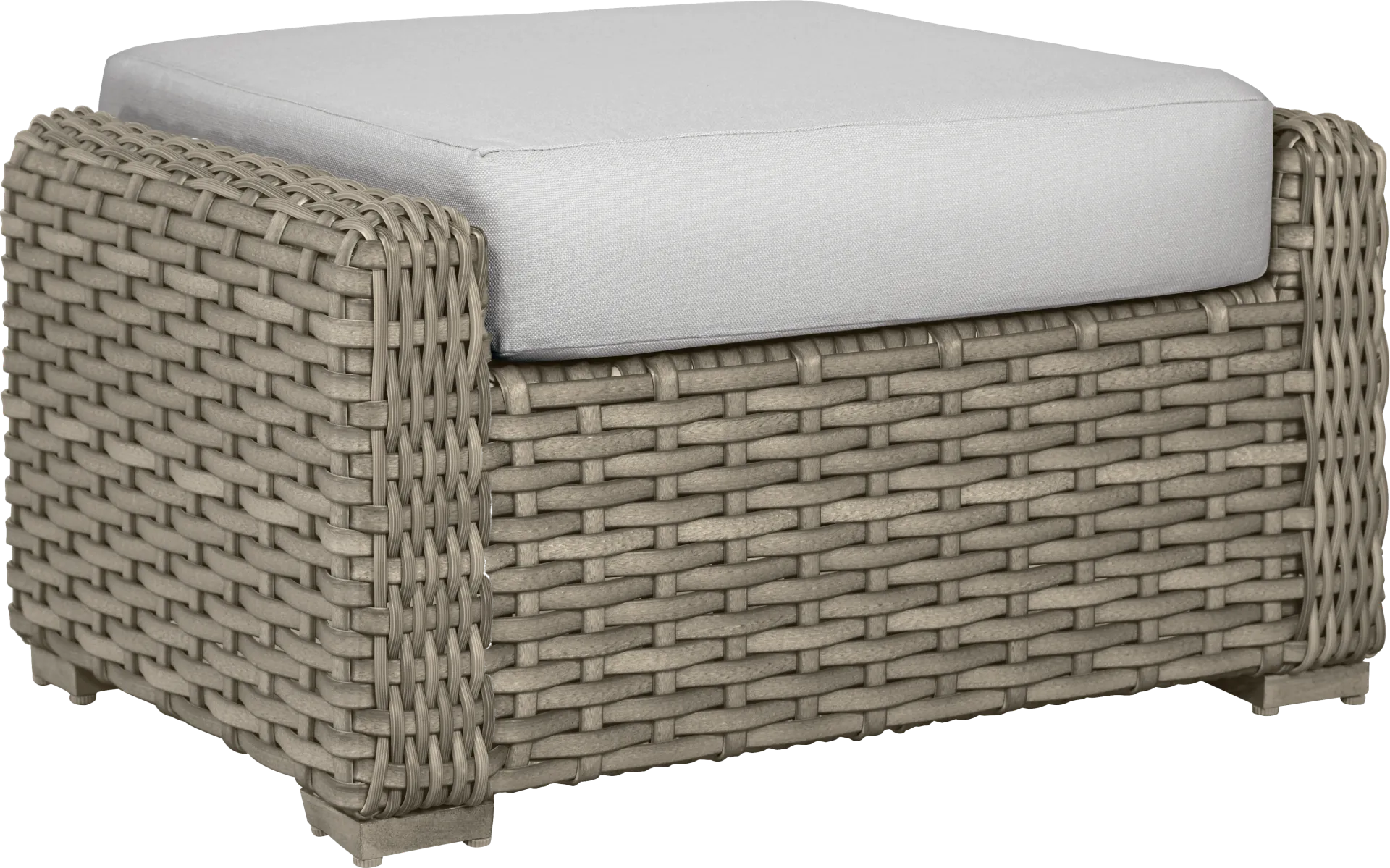 Siesta Key Driftwood Finish Outdoor Ottoman with Dove Cushion - Image 1