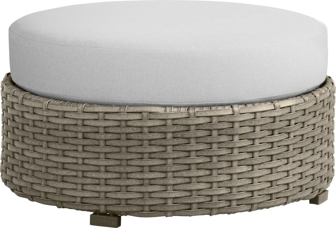 Siesta Key Driftwood Finish Round Outdoor Ottoman with Dove Cushion