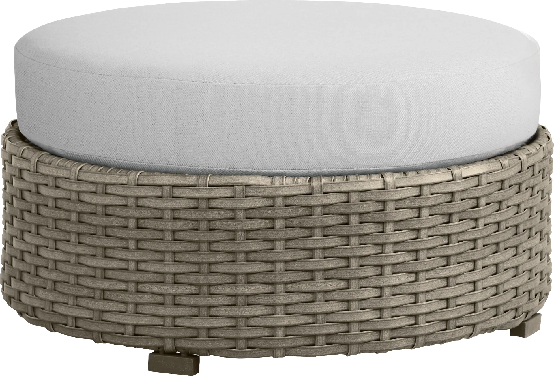 Siesta Key Driftwood Finish Round Outdoor Ottoman with Dove Cushion - Image 1