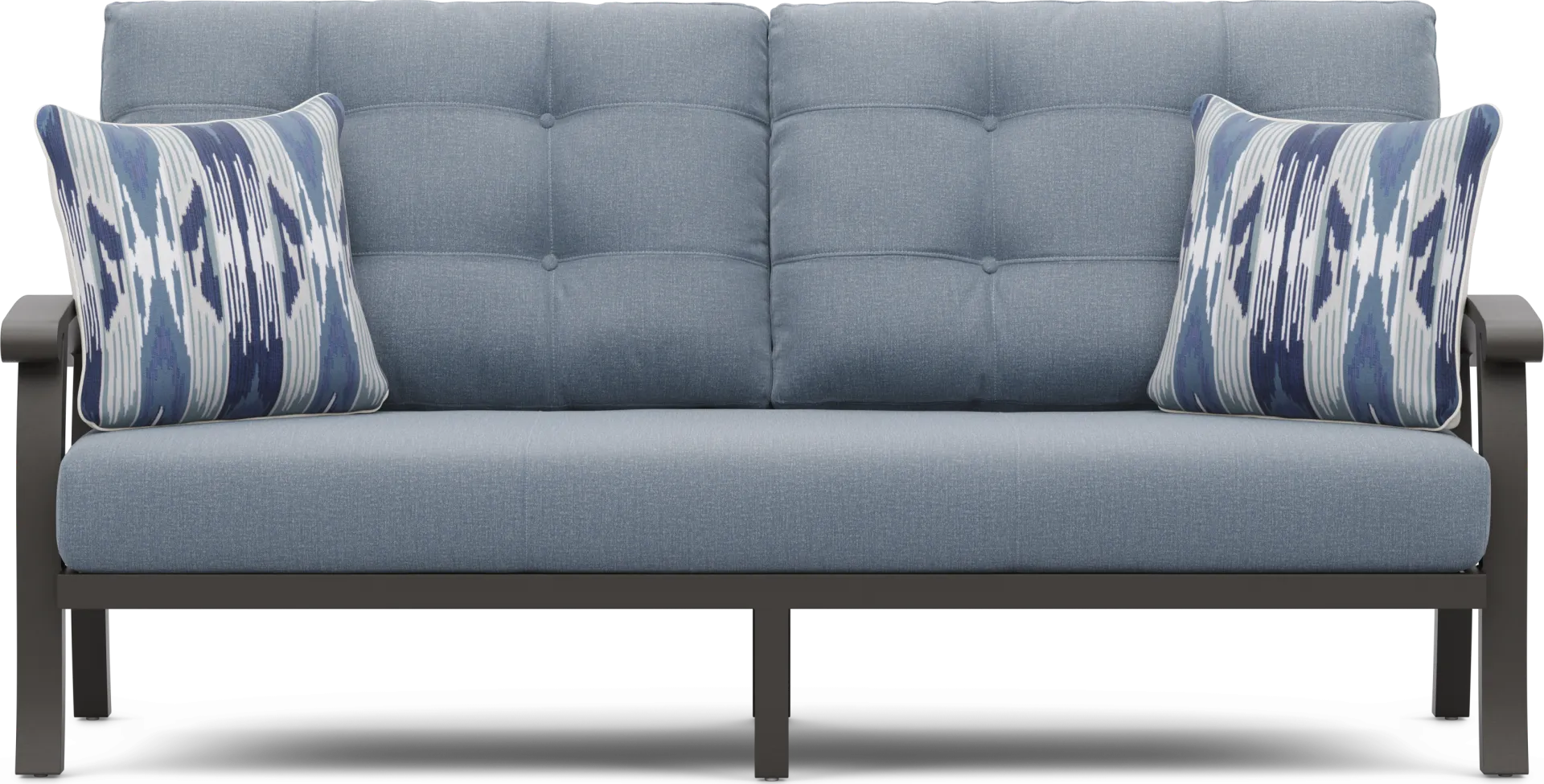 Lake Breeze Aged Bronze Outdoor Sofa with Blueberry Cushions - Image 1