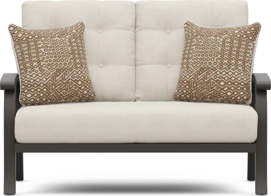 Lake Breeze Aged Bronze Outdoor Loveseat with Parchment Cushions