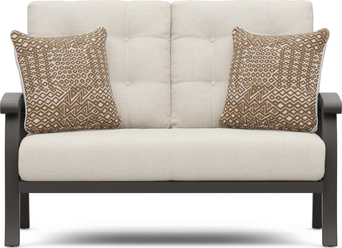 Lake Breeze Aged Bronze Outdoor Loveseat with Parchment Cushions
