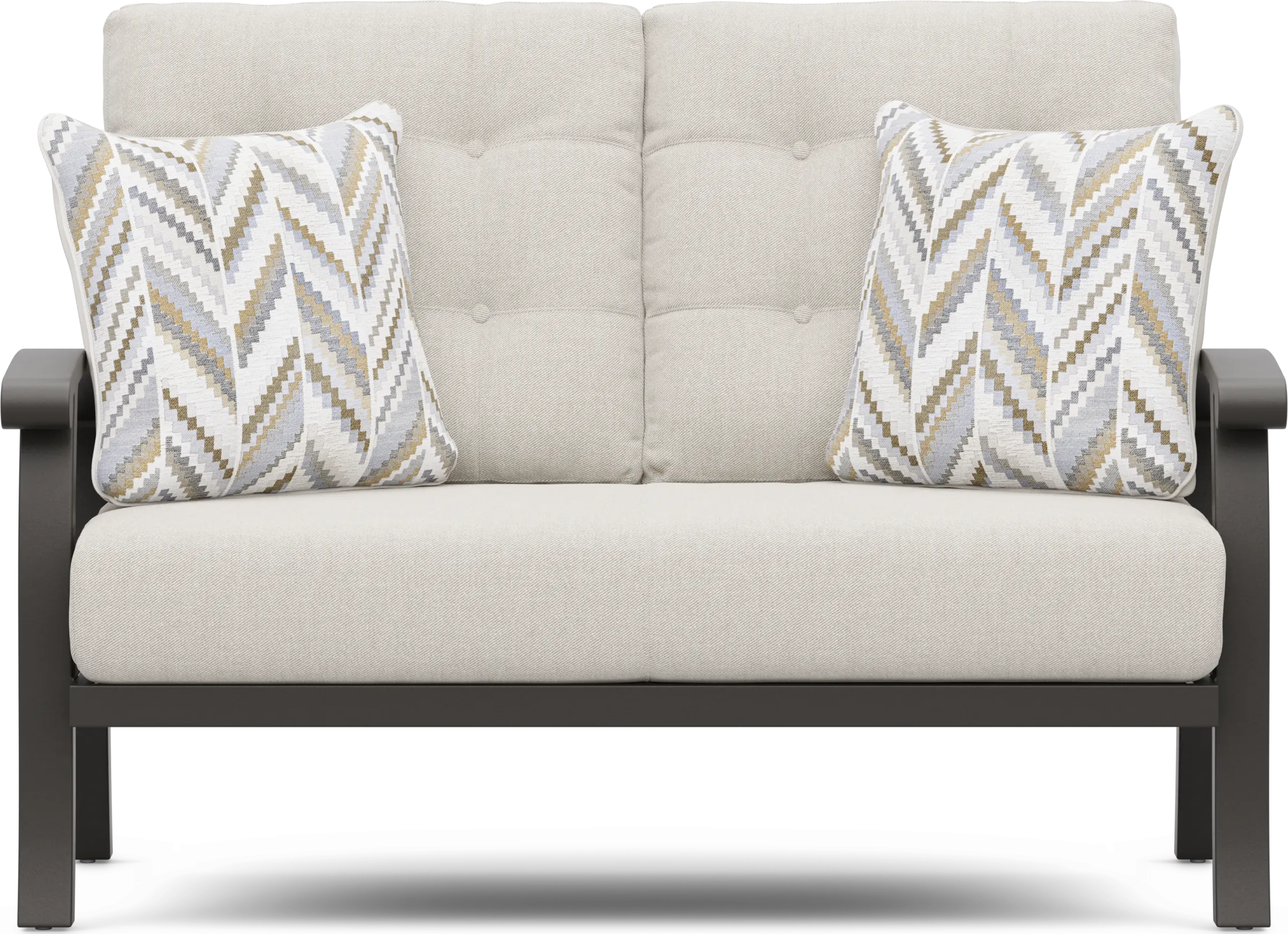 Lake Breeze Aged Bronze Outdoor Loveseat with Desert Cushions - Thumbnail - Image 1