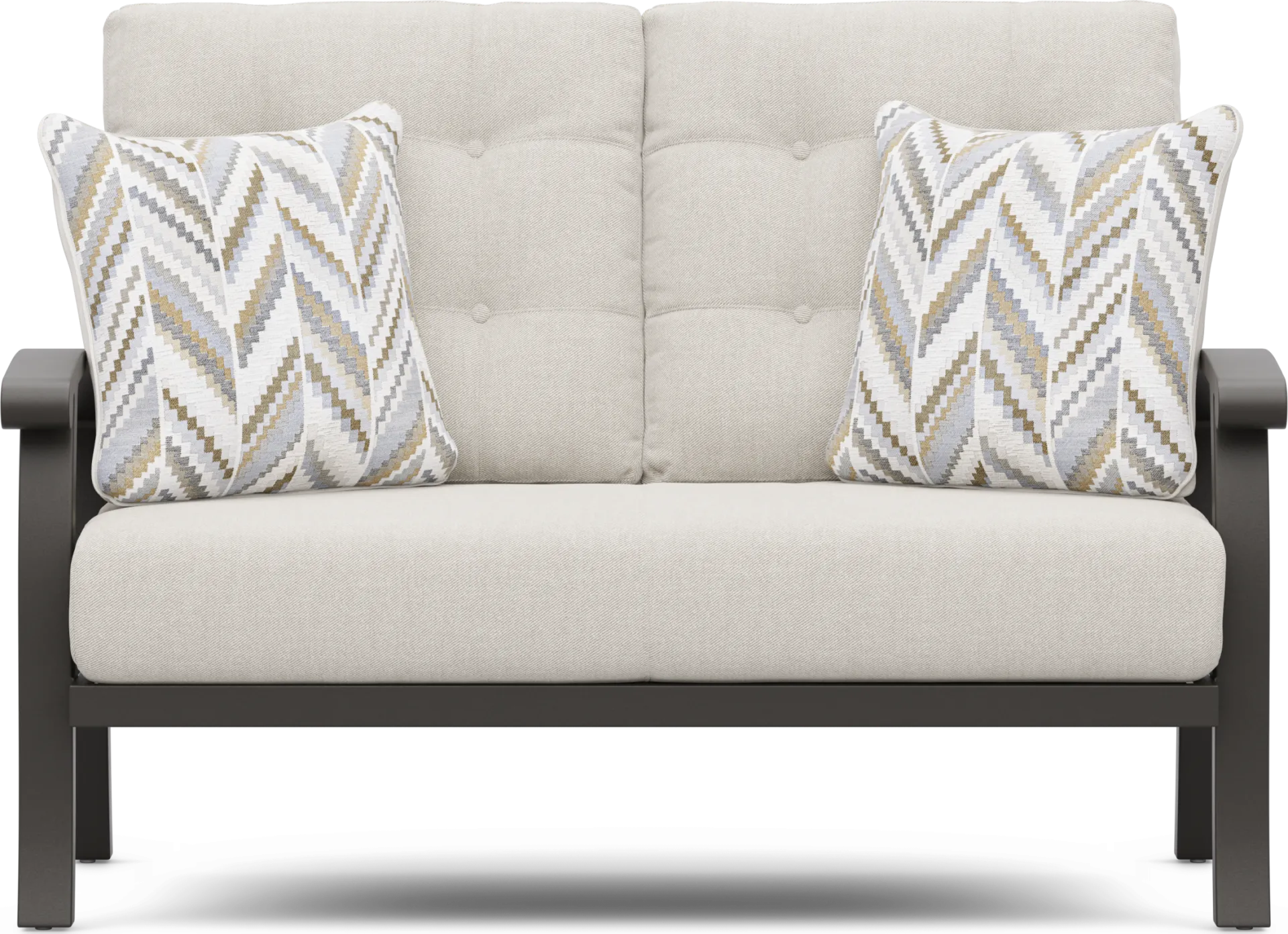 Lake Breeze Aged Bronze Outdoor Loveseat with Desert Cushions - Image 1