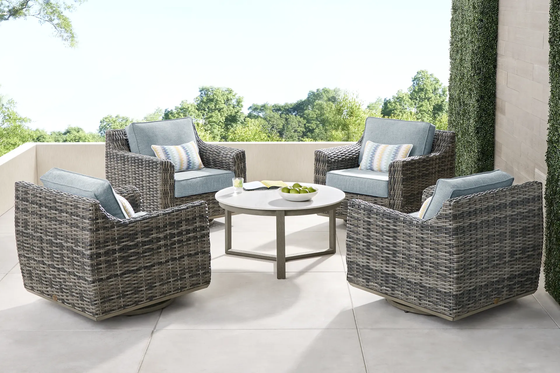 Montecello Gray 5 Pc Outdoor Swivel Chat Set with Azure Cushions