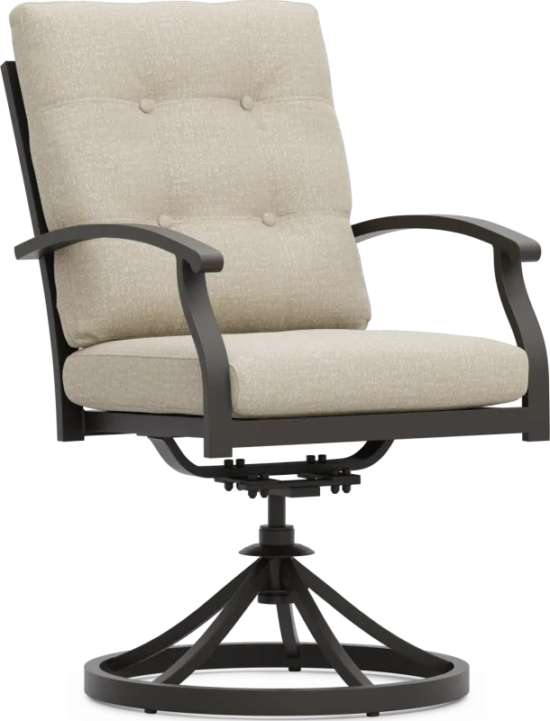 Lake Breeze Aged Bronze Outdoor Swivel Dining Chair with Hemp-Colored Cushions