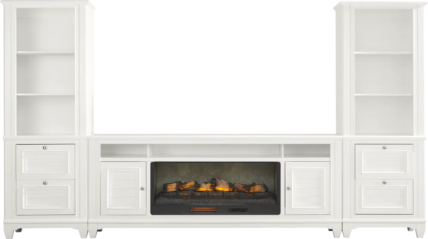 Hilton Head White 4 Pc Wall Unit with 82 in. Console and Electric Log Fireplace