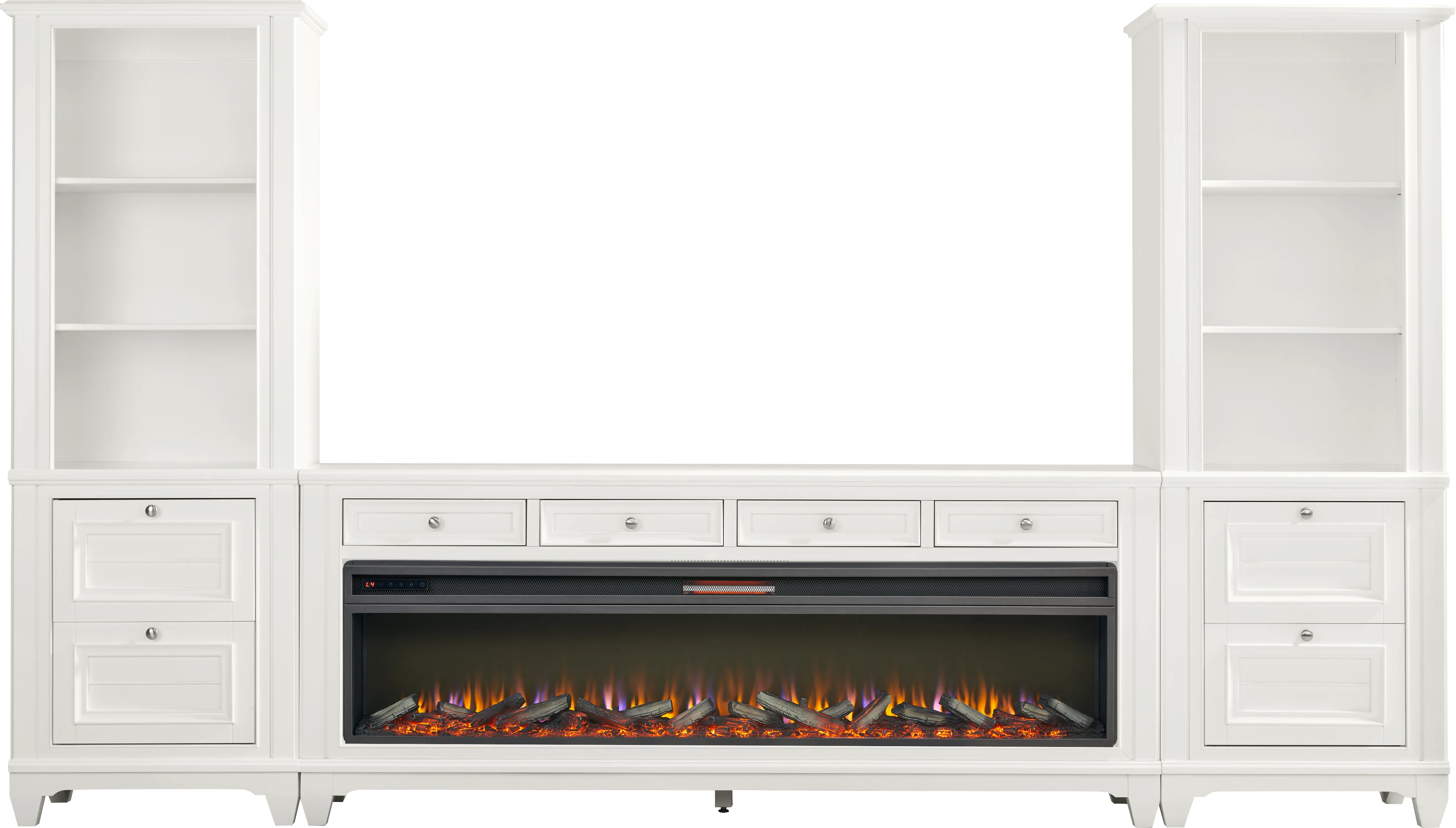 Hilton Head White 4 Pc Wall Unit with 80 in. Console and Electric Log Fireplace - Thumbnail - Image 1