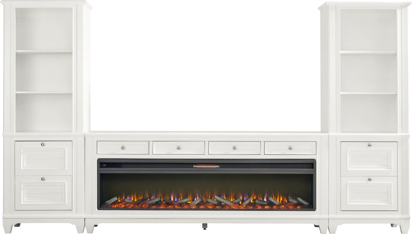 Hilton Head White 4 Pc Wall Unit with 80 in. Console and Electric Log Fireplace