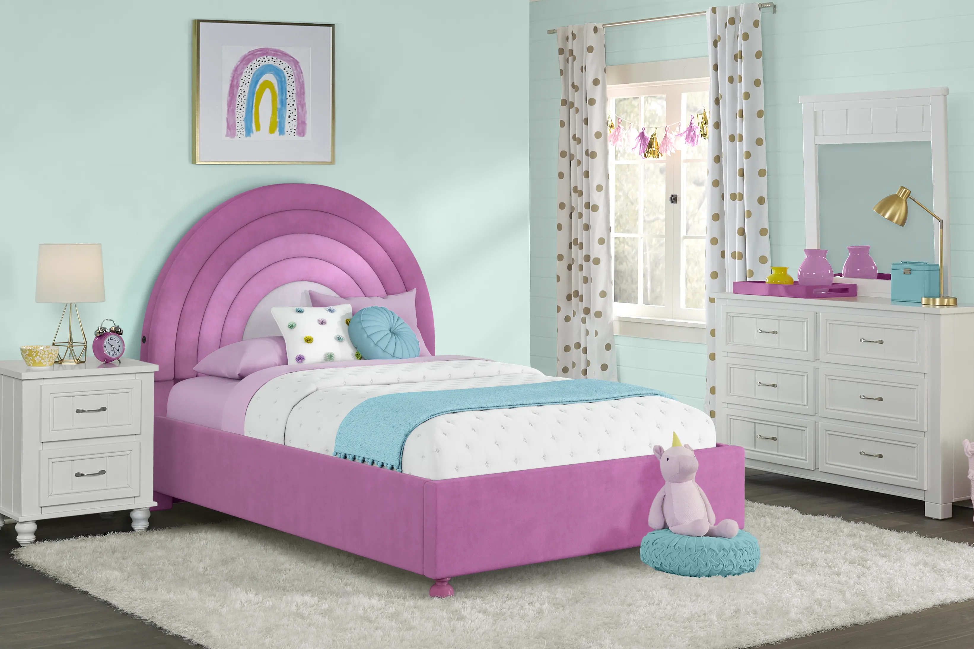 Kids Cottage Colors White Bedroom with Rainbow Joy Pink Twin Bed - Thumbnail - Image 1