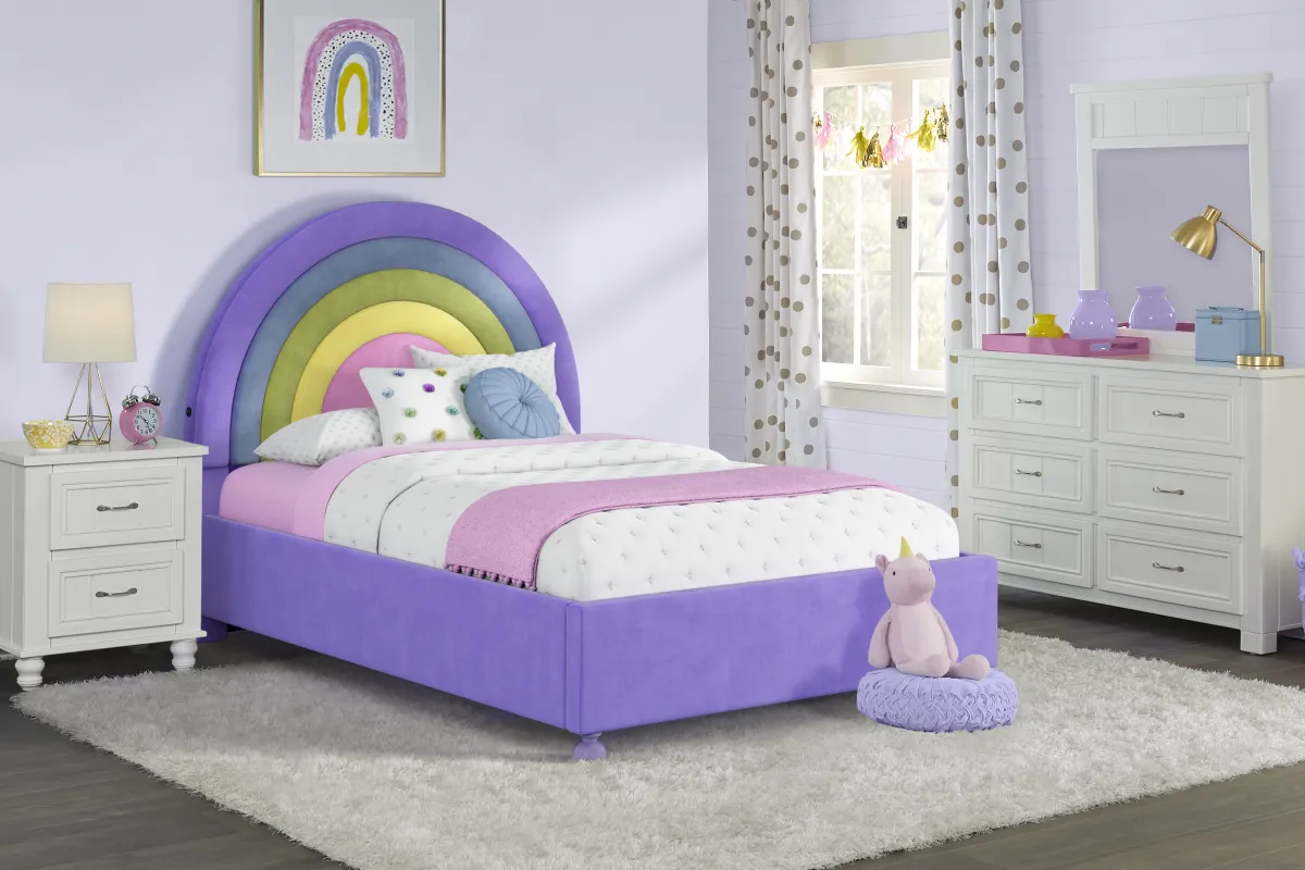 Kids Cottage Colors White Bedroom with Rainbow Joy Purple Twin Bed