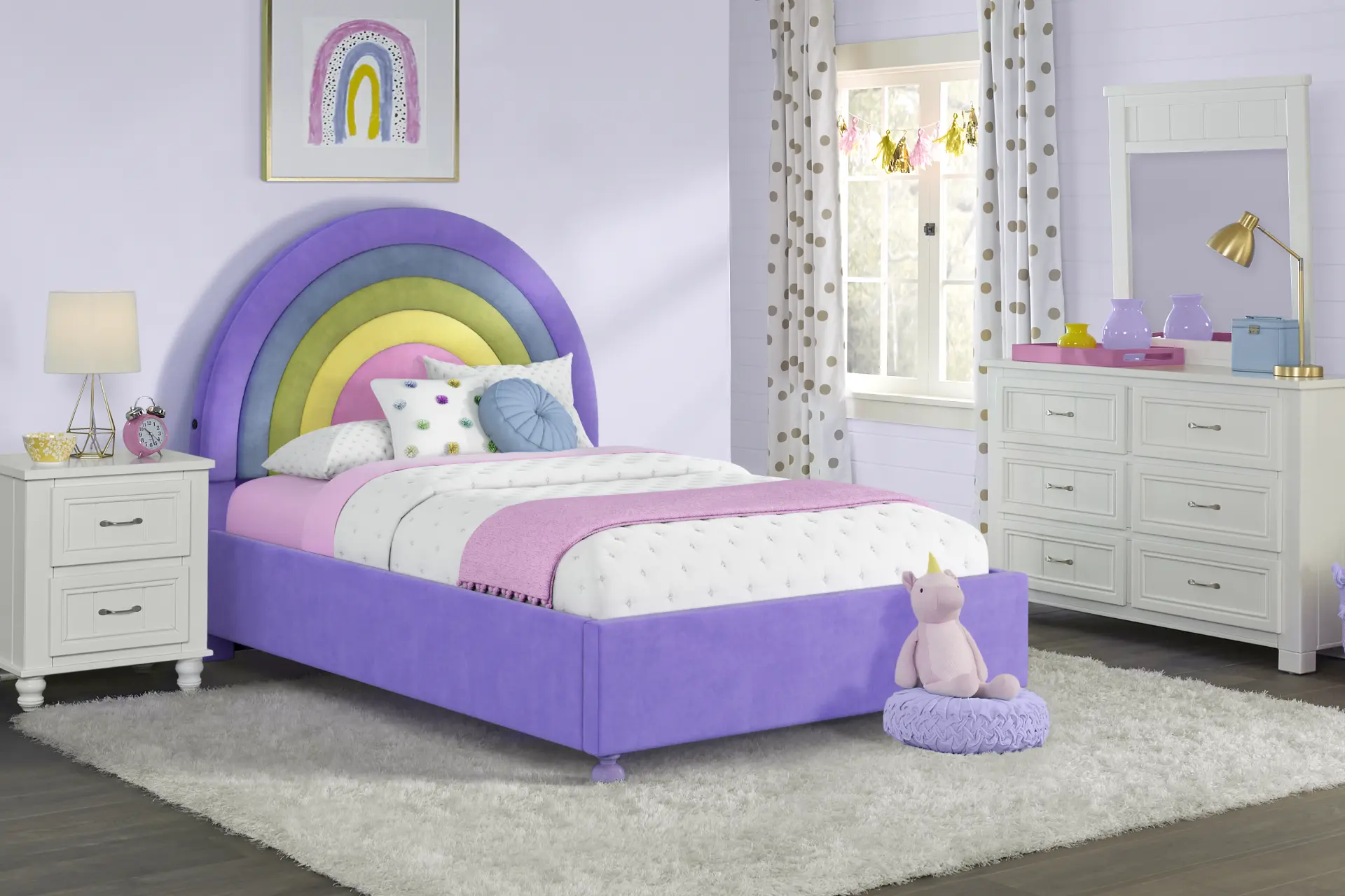 Kids Cottage Colors White Bedroom with Rainbow Joy Purple Twin Bed