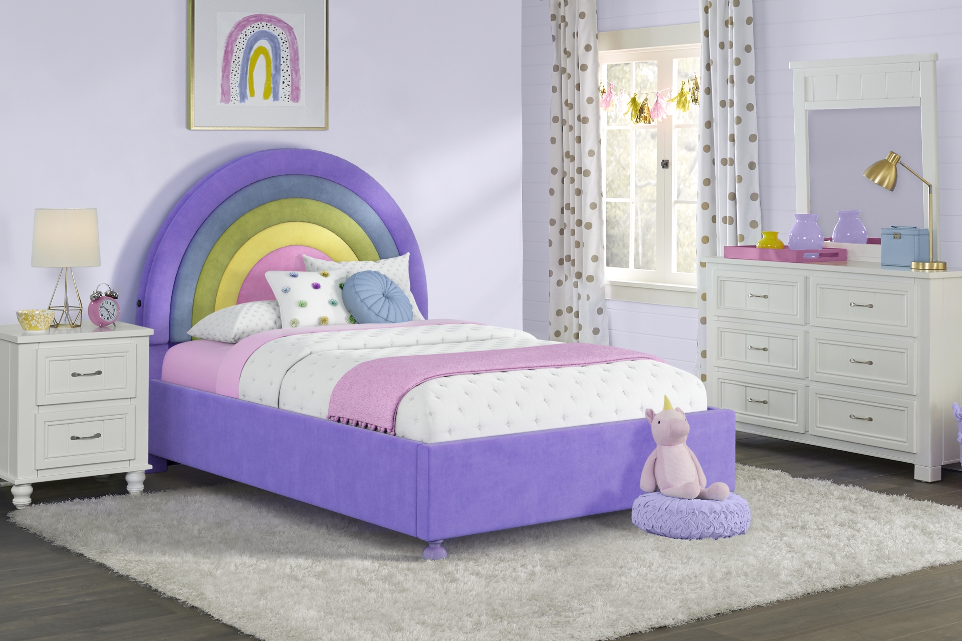 Kids Cottage Colors White Bedroom with Rainbow Joy Purple Twin Bed full room