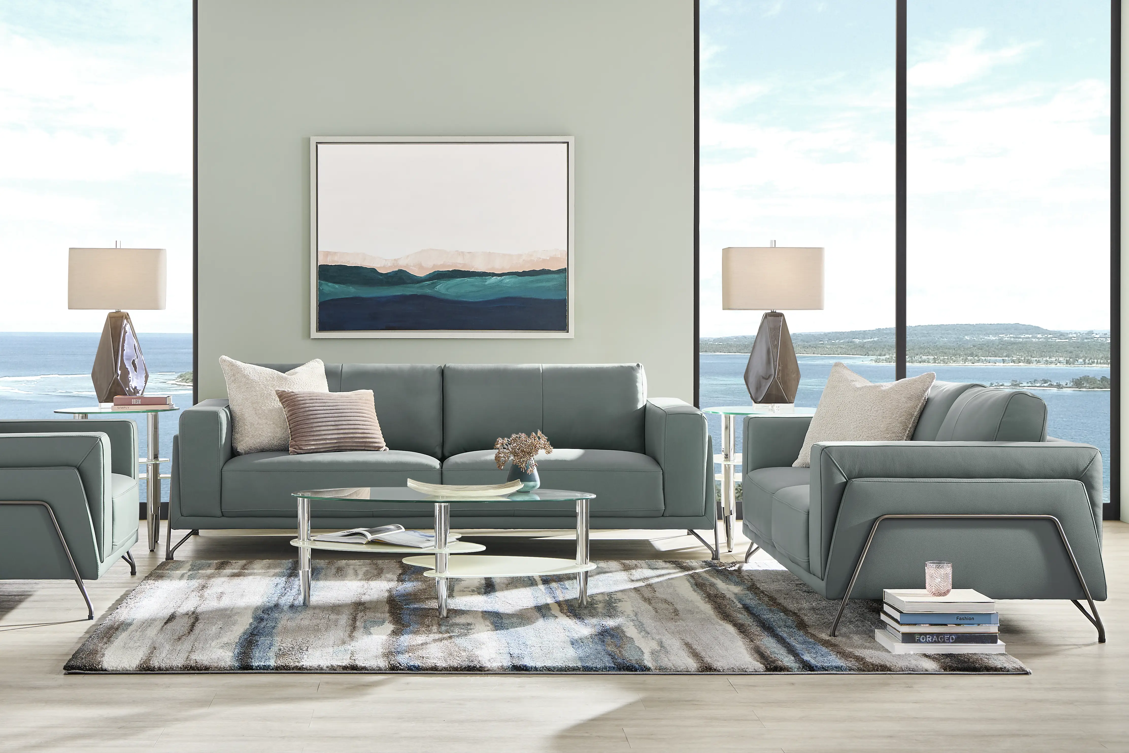 Camelot Slate Blue Leather 6 Pc Living Room - Thumbnail - Image 1